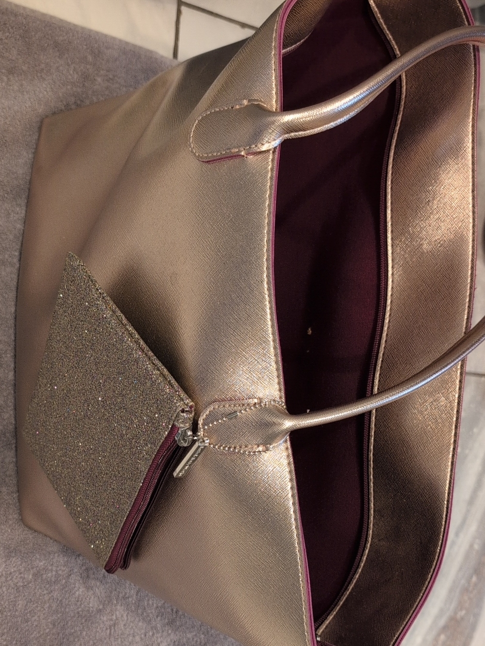 Metallic Rose Gold Tote Bag with Glitter Pouch